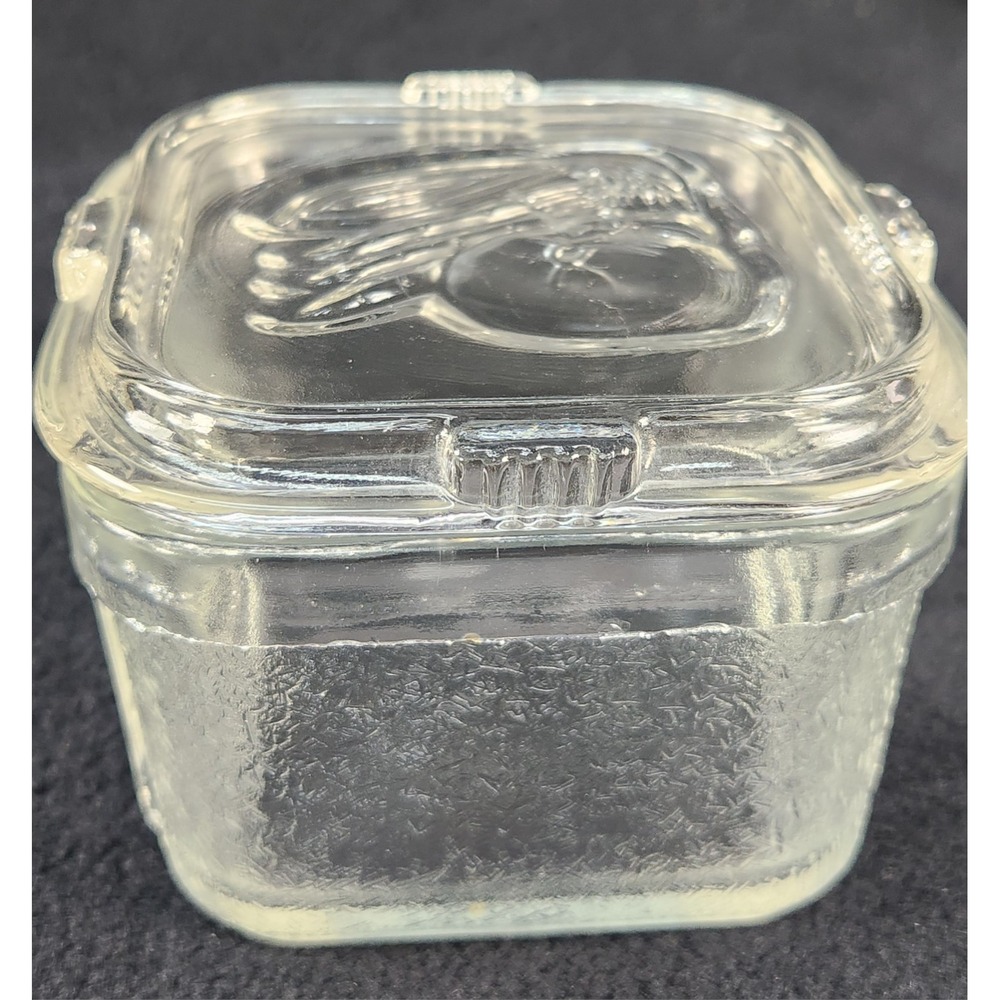 Vintage Federal Glass Refrigerator Dish Lid 4" Square Embossed Vegetables
